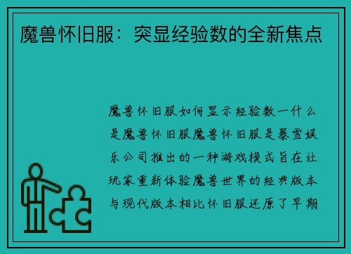 魔兽怀旧服：突显经验数的全新焦点